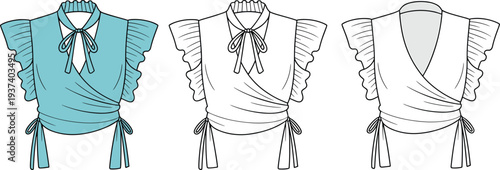  Flat sketch of women’s wrap top blouse with ruffle sleeves, tie-up neckline, waist tie, layered design, stylish fashion illustration.flat vector illustration