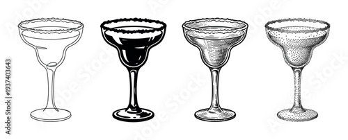 Four margarita cocktail glasses with salted rims illustrated in a set of different artistic styles including line art, engraving, stippling, and a solid black silhouette