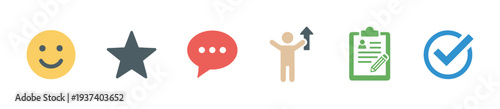 Set of colorful flat feedback icons representing customer satisfaction, rating, review, growth, survey, and approval for business service evaluation and user experience