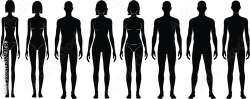 Male and female human body silhouettes standing front view, anatomy proportion reference figures collection isolated on white background