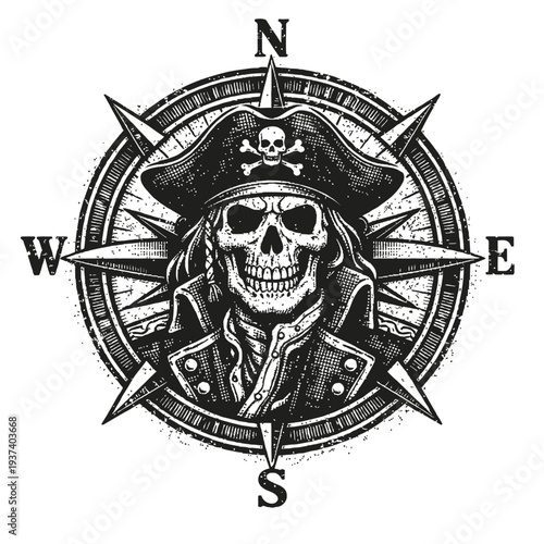 Distressed Pirate Skull in Tricorn Hat with Skull and Crossbones Emblem, Centered on a Vintage Compass Rose Design. This Gritty Vector Illustration Features Cardinal Directions N, S, E, W, Evoking Cla
