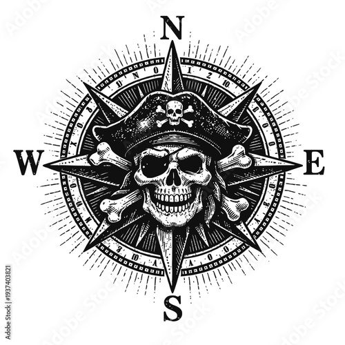 Vintage Pirate Skull Compass Rose: Intricate black-and-white art featuring a buccaneer skull with eyepatch, tricorn hat (skull & crossbones), and crossed bones, centered on a detailed nautical compass