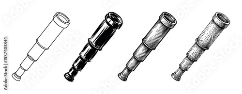 Set of four vintage spyglass illustrations in different artistic styles, including line art, solid black, classic engraving, and stippling for a retro nautical theme