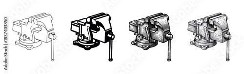 Set of four bench vise illustrations showing different artistic styles including line art, solid black, detailed engraving, and dotwork stippling for graphic design