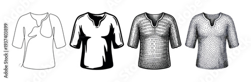 Four black and white shirt illustrations demonstrating various artistic techniques including continuous line drawing, graphic silhouette, hatching, and stippling