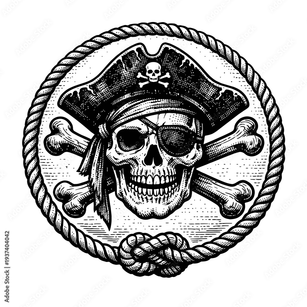 Fototapeta premium Engraved Pirate Skull Emblem: Black and white illustration with eyepatch, bandana, tricorne hat, Jolly Roger, crossed bones. Nautical rope frame with mariner's knot. Woodcut adventure, rebellion, mari