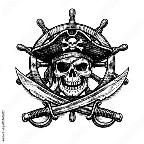 Detailed vintage engraving of a pirate skull wearing an eye patch and tricorn hat with skull & crossbones, centered on a ship's wheel with crossed cutlasses. Black & white nautical emblem, perfect for