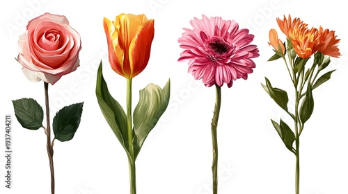 Four vibrant flowers in a row, including a pink rose, orange tulip, pink gerbera, and orange spray chrysanthemums, isolated on a white background.