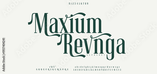 Maxium Revnga Luxury wedding alphabet logo font with tails. Typography elegant classic serif fonts and number decorative vintage retro logos branding. vector illustration