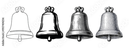 Set of four vintage bells illustrated in different artistic styles including outline, silhouette, engraving, and stippling, showing a progression of graphic design techniques