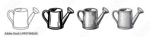 Set of four watering can illustrations showing different artistic styles from simple line art to detailed engraving and stippling for gardening and agricultural concepts