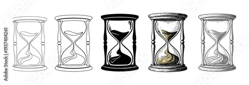 Set of five hand-drawn hourglasses in a row, showcasing different artistic styles from simple continuous line art and silhouette to detailed engraving and stippling techniques