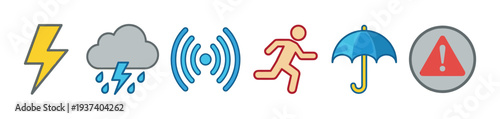 Set of six colorful warning icons including a lightning bolt, thunderstorm cloud, signal, running person, umbrella, and alert sign for various emergency or weather concepts