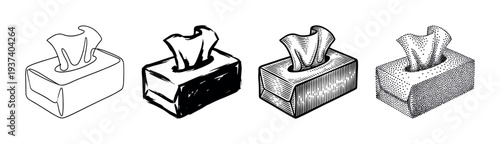 Four tissue box illustrations in different artistic styles including line art, brush stroke, engraving, and stippling, shown as a black and white graphic collection