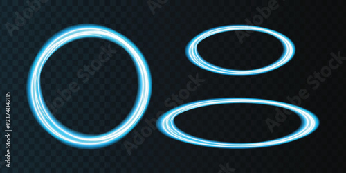 Abstract blue neon light circles glowing neon rings isolated on dark background set of magic luminous portals