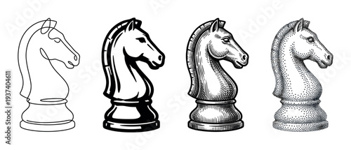 Four black chess knight piece illustrations showing a progression of artistic styles from simple continuous line art and stencil to detailed engraving and stippling