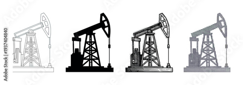 Set of four oil pumpjack illustrations in various graphic styles including simple line art, a solid black silhouette, a detailed woodcut, and a pixelated halftone pattern