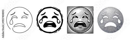 Set of four black and white crying face emoticons rendered in diverse artistic techniques including contour drawing, brushstroke, vintage woodcut, and stippling illustration