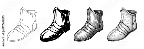 Collection of four historical armored boot illustrations rendered in diverse black and white styles such as simple outline, bold ink, detailed hatching, and classic stippling