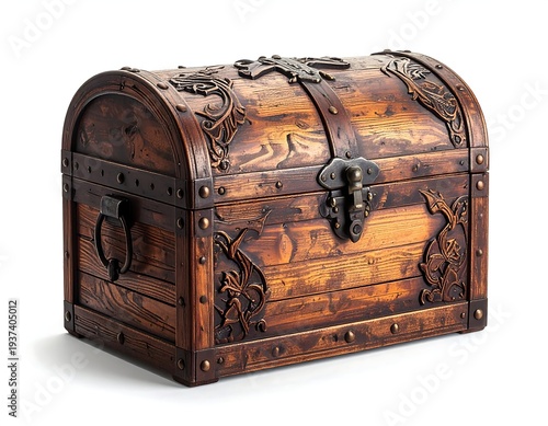 Ornate wooden chest with metal accents, featuring dragon and floral carvings, and aging signs