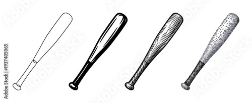 Set of four baseball bats presented in different artistic styles, including simple outline, bold silhouette, detailed engraving with hatching, and stippled pointillism
