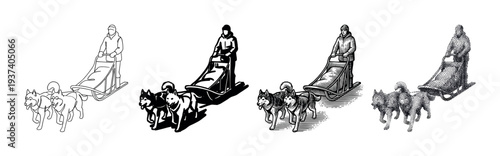 Set of four dogsled team illustrations featuring a musher and two husky dogs, showcasing different graphic styles like line art, silhouette, vintage engraving, and stippling