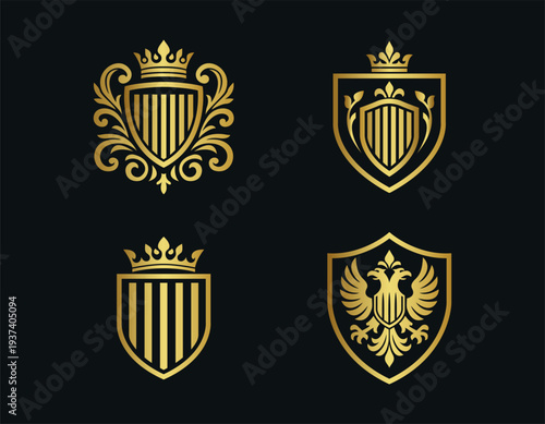 Luxury Golden Heraldic Shields Set, Royal Coat of Arms Crests, Premium Heraldry Emblems Vector