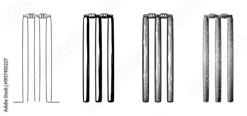 Four cricket wicket illustrations in different artistic styles including line art, stippling, and engraving, showing a collection of sports equipment icons for a game