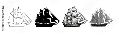 Four vintage sailing ship illustrations in different graphic styles including line art, silhouette, engraving, and halftone dot pattern for a historical nautical concept