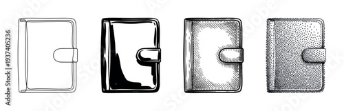 Set of four hand-drawn wallets illustrated in various artistic styles including line art, silhouette, hatching, and stippling, showing different graphic design techniques