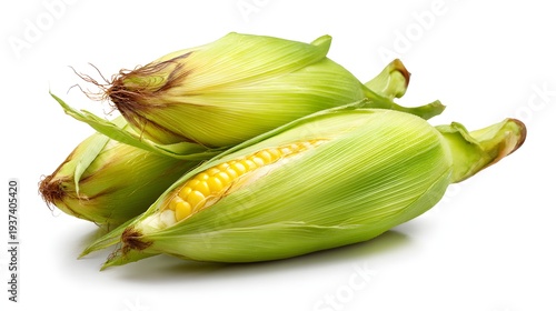 Freshly picked sweet corn cobs with green husks on a white background.