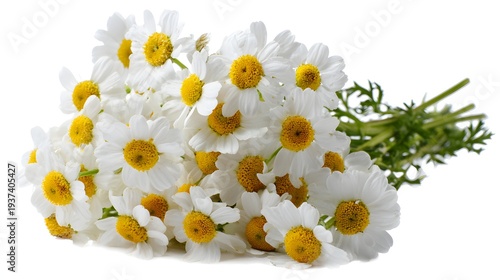 Freshly picked white daisy flowers with yellow centers on a white background.