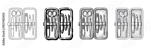 Four manicure sets in open cases showing a collection of grooming tools in various black and white illustration styles like line art, engraving, and stippling for beauty care