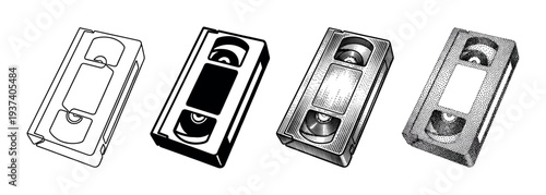 Four retro VHS video cassette tapes illustrated in different artistic styles including line art, stencil, engraving, and stippling for a vintage technology concept