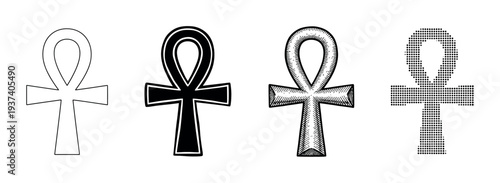 Four ancient Egyptian ankh cross symbols in a set showing different graphic styles including outline, silhouette, engraved hatching, and a modern dotted halftone pattern