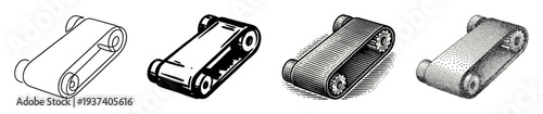 Set of four conveyor belt illustrations in different artistic styles including line art, bold graphic, engraving, and stippling for mechanical or industrial concepts