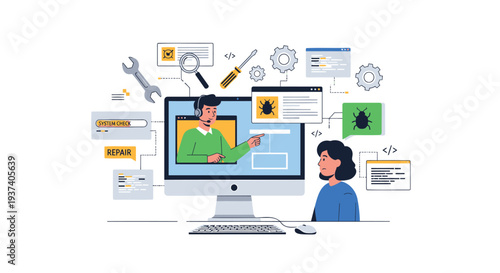 Vector illustration of a man working on computer with development and design elements