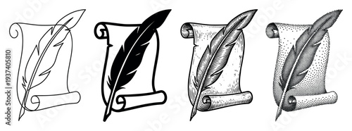 Set of four quill pens on paper scrolls presented in various artistic styles like simple outline, black silhouette, detailed engraving, and halftone dotwork