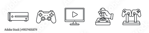 Video game equipment icon set featuring a console, modern controller, computer screen, retro joystick, and a charging dock, illustrated with minimalist black outlines for a clean look