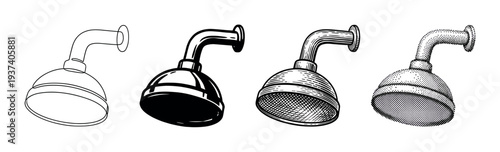 Set of four shower head illustrations in different graphic styles including simple outline, solid silhouette, vintage engraving, and retro halftone dot pattern for a classic bathroom theme
