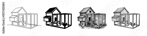 Set of four chicken coop illustrations showing different artistic styles from simple line art and silhouette to detailed vintage engraving and modern stippling for farming concepts