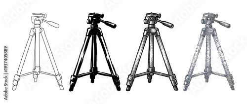 Four distinct artistic camera tripod illustrations showcase varied graphic styles, featuring continuous line, solid silhouette, detailed engraving, and stippling art, presented creatively