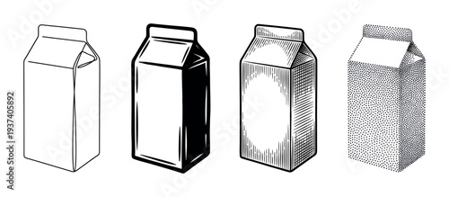 Four milk or juice carton illustrations in different graphic styles including line art, bold silhouette, vintage engraving, and modern stippling dotwork, presented as a collection
