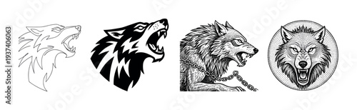 Set of four aggressive wolf head illustrations in various artistic styles including line art, tribal, engraving, and dotwork, showing the wild animal snarling and howling