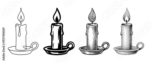 Set of four burning candle illustrations in a candlestick holder shown in various artistic styles like line art, silhouette, engraving, and pointillism