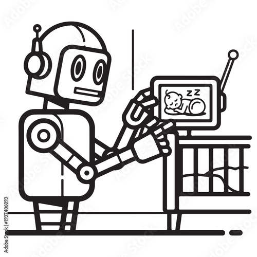 Futuristic AI robot nanny monitoring a sleeping infant on a digital screen next to a crib, minimalist black and white line art illustration for modern parenting and technology concepts.