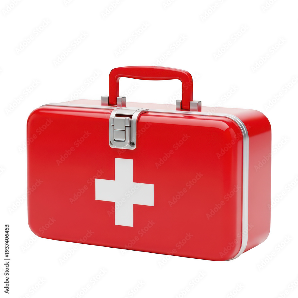 Obraz premium A red first aid kit with a white cross symbol on the front isolated on transparent background