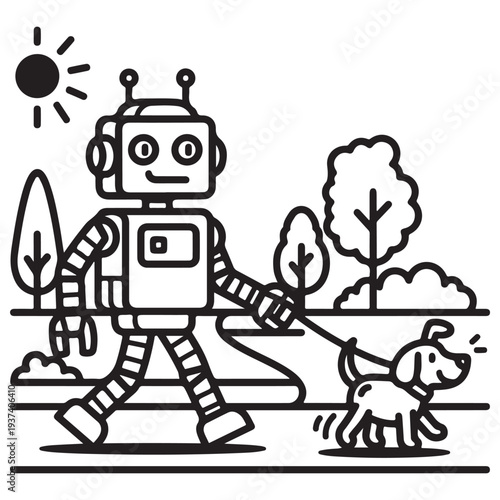 Friendly humanoid robot walking a happy dog on a leash through a sunny public park with trees and bushes, minimalist black and white line art illustration for coloring book or education.