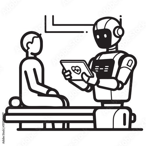 Futuristic medical robot assistant and human patient conducting a health checkup using a digital tablet with heart rate data in a modern clinic, minimalist black and white line art illustration.