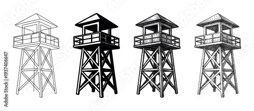 Set of four watchtower illustrations presented in various graphic styles including simple outline, solid silhouette, detailed engraving, and stipple dotwork